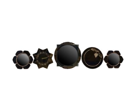 Group of five Art Deco style wall mirrors, including two rose-form examples with copper-tinted convex mirrors (47cm), a starb