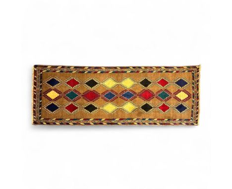 North West Persian Yallemeh runner, the camel field with three rows of stepped lozenge medallions in polychrome dyes, within 