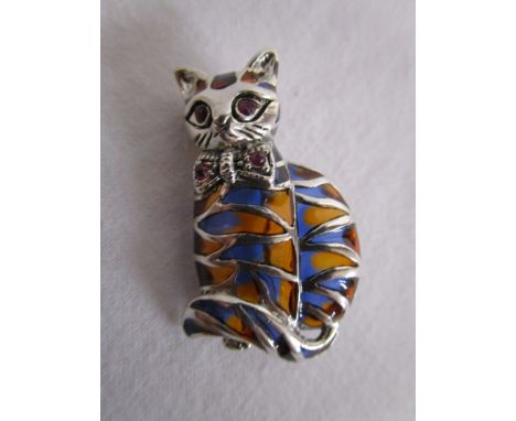 Silver &amp; champlevé enamel stone set cat&nbsp;brooch