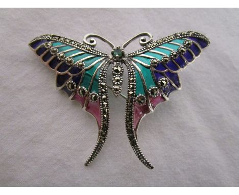 Silver &amp; champlevé enamel stone set butterfly&nbsp;brooch