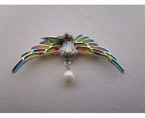 Silver &amp; champlevé enamel stone set bird brooch