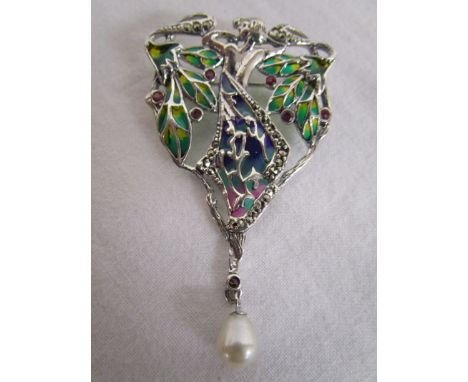 Silver &amp; champlevé enamel stone set Art Nouveau style lady brooch