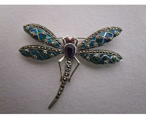 Silver &amp; champlevé enamel stone set dragonfly brooch