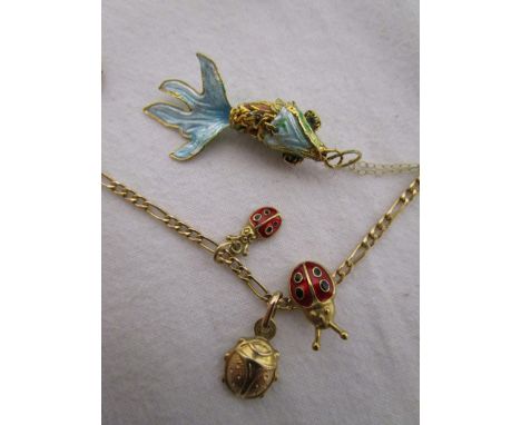 Gold chain with gold ladybirds and enamel fish