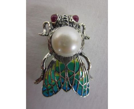 Large silver &amp; champlevé enamel stone set bug brooch