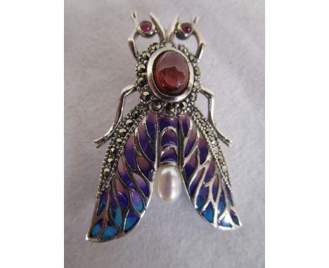 Large silver &amp; champlevé enamel stone set bug brooch