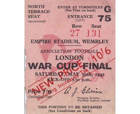 1942 CUP FINAL   Ticket for the 1942 London War Cup Final at Wembley, Portsmouth v Brentford, slight paper loss to one edge u