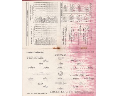 ARSENAL RES - LEICESTER 1937   Arsenal Reserves home programme v Leicester Res, 11/9/1937, some bleeding from cover to inside