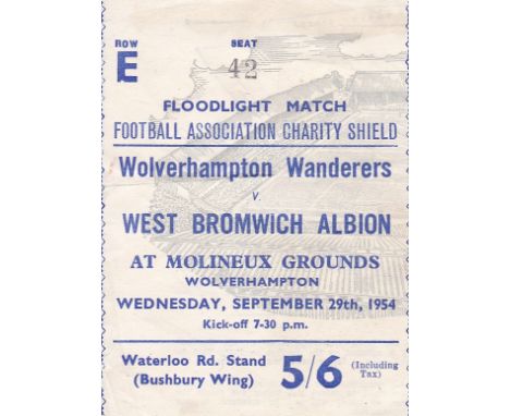 1954 CHARITY SHIELD - TICKET  Scarce match ticket for the 1954 Charity Shield, Wolves v West Brom , 29/9/54 at Molineux. Tick