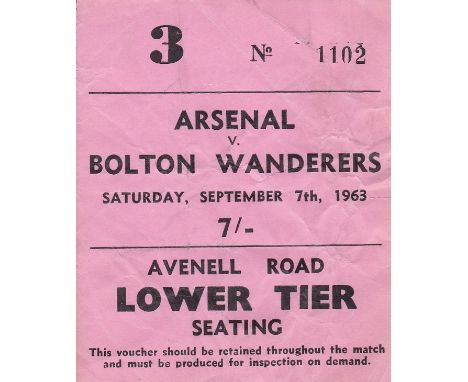 ARSENAL    Ticket Arsenal v Bolton Wanderers, 7 September 1963. Light creasing.   Fair-generally good
