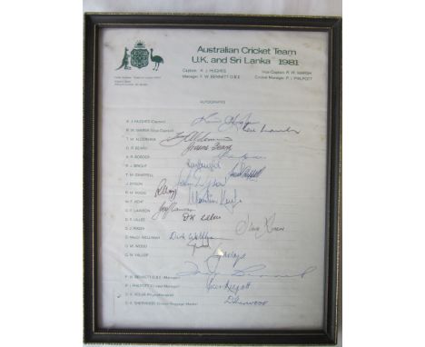 AUSTRALIA CRICKET     Framed 11" x 9". List of Australian players and management on the 1981 tour to both England and Sri Lan