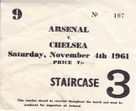 ARSENAL     Ticket Arsenal v Chelsea 4 Nov 1961. Some creasing.    Fair-generally good