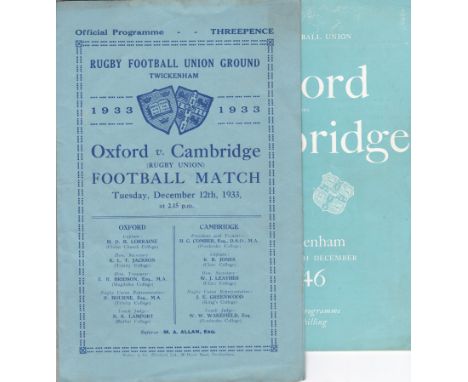 OXFORD - CAMBRIDGE RUGBY    Five Varsity match Rugby Union programmes, 1933, 1935 (Prince Obolensky on Oxford wing), 1946, 19