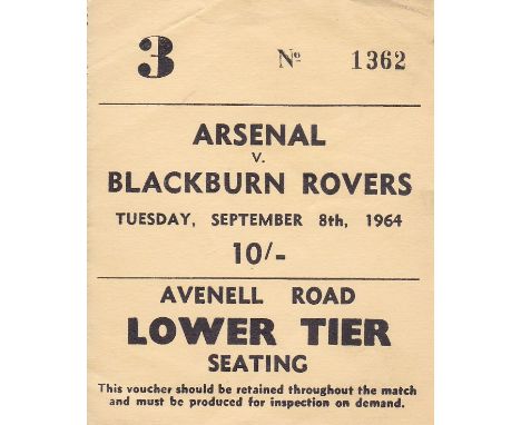 ARSENAL    Ticket Arsenal v Blackburn, 8 Sept 1964. Small creases.     Generally good