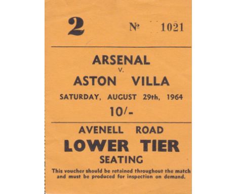 ARSENAL      Ticket Arsenal v Aston Villa, 29 Aug 1964.      Good