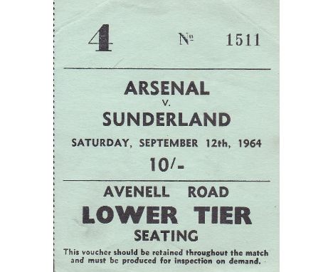 ARSENAL     Ticket Arsenal v Sunderland, 12 Sept 1964. Small crease.   Generally good