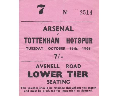 ARSENAL   Ticket Arsenal v Tottenham, 15th October 1963. Light creasing.    Fair-generally good