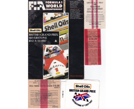 1987 FORMULA 1 GRAND PRIX      Official Racecard, entry ticket, Centre Transfer ticket and 2 stickers, plus a Lombards RAC Tr