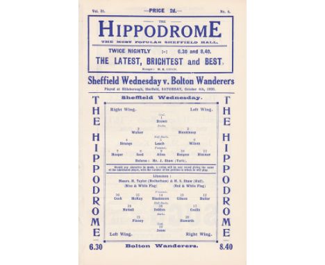 SHEF WED - BOLTON 1930   Wednesday home programme v Bolton, 4/10/1930, Wednesday failed to complete the treble of title wins 