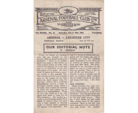 ARSENAL - LEICESTER 47   Arsenal four page home programme v Leicester, 29/3/47, friendly, folds, creased.  Fair