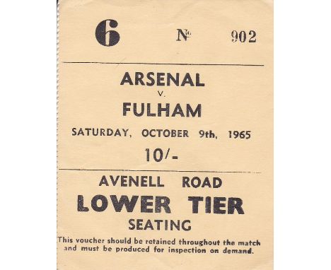 ARSENAL    Ticket Arsenal v Fulham, 9 Oct 1965. Very light crease.   Good