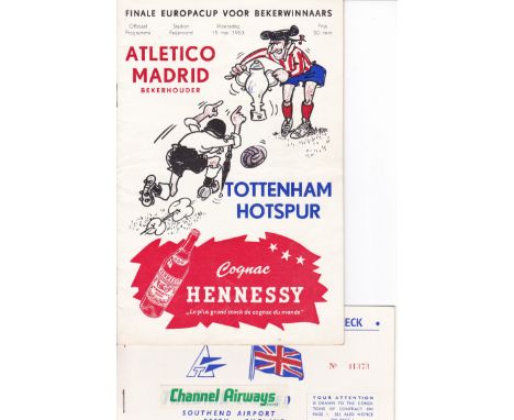 ROTTERDAM - TOTTENHAM 1963 Travel document and official programme for 1963 Cup-Winners Cup Final, 15/5/63, Atletico Madrid v 