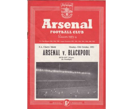 CHARITY SHIELD 1953   Official programme, Arsenal v Blackpool, 12/10/53 at Highbury, played under floodlights on a Monday eve