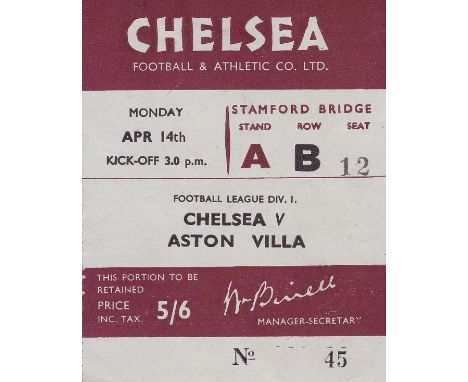 CHELSEA TICKET 51/2   Chelsea home match ticket v Aston Villa, 14/4/52, "A" Stand Reserved Seat.  Good