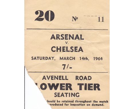 ARSENAL    Ticket Arsenal v Chelsea 14 Mar 1964. Torn at left hand lower edge resulting in a piece missing.     Fair