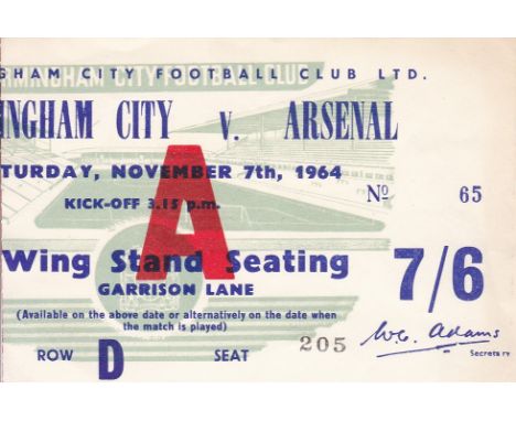 ARSENAL TICKET      Birmingham v Arsenal 7 Nov 1964. Light vertical fold.   Generally good