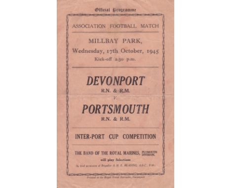 WARTIME FOOTBALL       A single sheet programme for Davenport RN & RM v. Portsmouth RN & RM played at Millbay Park, Plymouth 