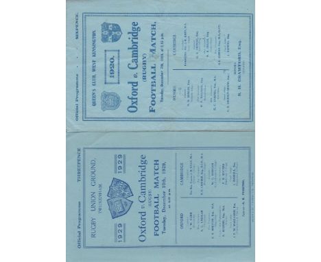 OXFORD - CAMBRIDGE RUGBY    Nine Varsity match Rugby Union programmes, 1920 at Queens Club West Kensington, (folds, slight we