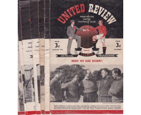 MANCHESTER UTD    Eight home programmes from 1950/51 season v Fulham, Charlton, Sunderland, Oldham (FAC), Arsenal, Wolves, Ar