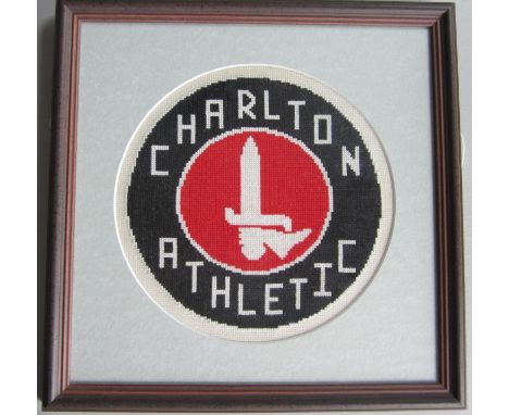 CHARLTON    Beautifully embroidered tapestry format, Charlton Athletic crest, framed.. Frame measures 35cm x 35cm (14" x 14")