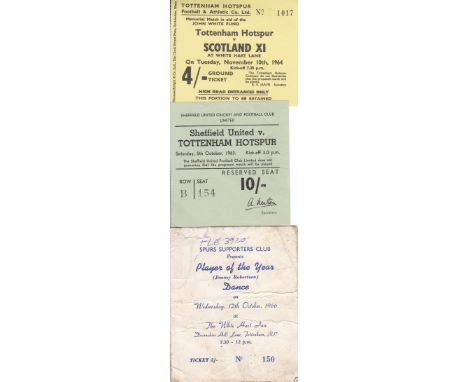 TOTTENHAM    Two match tickets plus a creased ticket for the 1966 Player of the Year Dance with 3 signatures on it (grubby). 