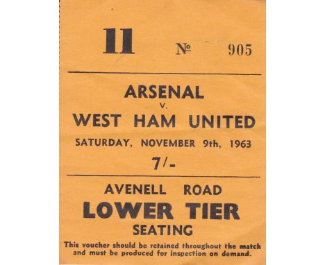 ARSENAL    Ticket Arsenal v West Ham, 9th November 1963. Light horizontal fold.   Good