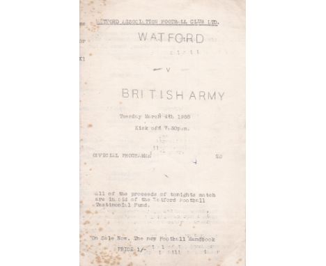 WATFORD - BRITISH ARMY 58   Four page Watford programme v British Army, 4/3/58, Army included Duff (Charlton), Dobing, Hitche