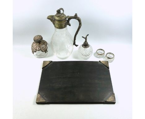George V silver mounted ebonised desk blotter, by Sanders &amp; Mackenzie, Birmingham, 1928, W.35.8cm; Edwardian glass scent 