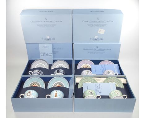 4 Wedgwood “A Celebration Of The Millennium” Collection pair of teacup and saucer sets, comprising “18th Century – Discovery 
