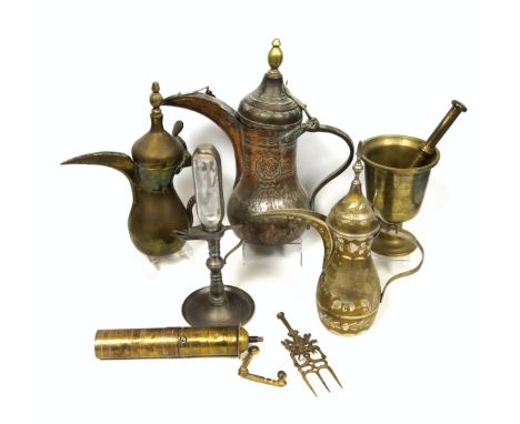 Pewter whale oil lamp clock, 19th century, the glass reservoir enclosed within pewter hour marked strap, 32.5cm high, along w