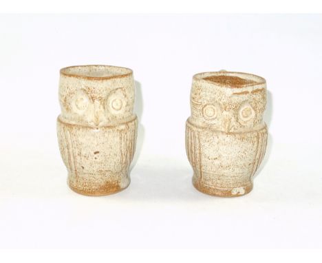 Harris Pottery Farnham, two mottled beige glazed owl jugs, with incised decoration and pronounced beak, impressed pottery sta