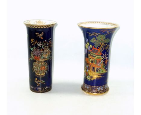 Carlton ware cylindrical vase with enamelled gilt chinoiserie decoration on a blue ground beneath a flared rim, H.25.8cm, and