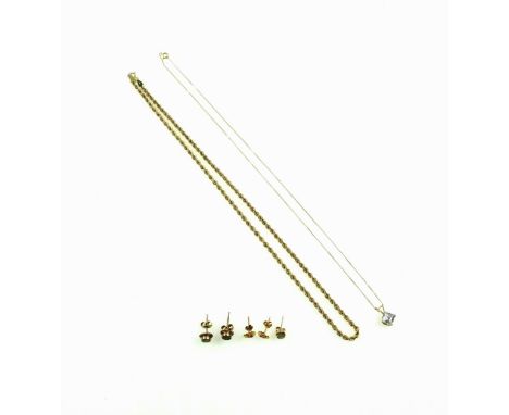 Yellow Metal rope-twist necklace marked "375", and a fine stone pendant necklace marked "375", 2 pairs of stud earrings and a