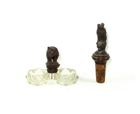 Black Forest bear carving over glass salt and pepper pot, 10.5cm x 5cm x 7cm high, and a whimsical cork bottle stopper carved
