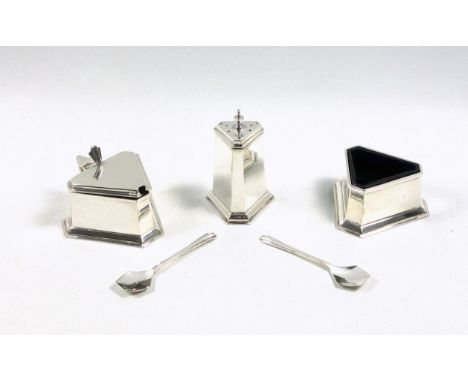 George V Art Deco unusual silver 5 piece cruet set of triangular form, comprising a mustard pot with hinged cover and blue gl