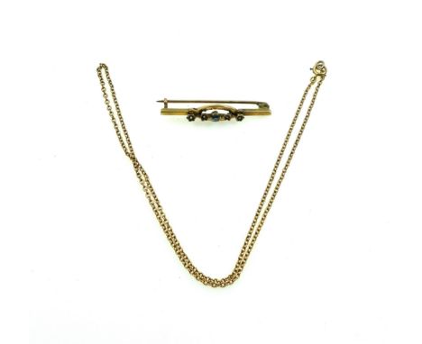 Yellow metal chain link necklace, the bolt ring clasp stamped 9ct, 3 grams and a small yellow metal bar brooch set blue stone