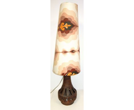 West German floor lamp with original 1970s oversized shade, the ceramic base with incised decoration and geometric cut-outs, 