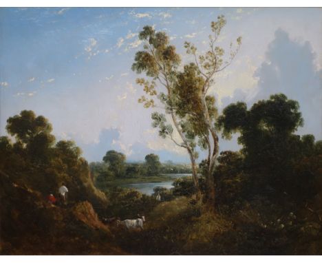 Anthony Vandyke Copley Fielding (British, 1787-1855), Landscape view with figures and animals, oil on canvas, in heavy gilt f