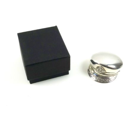 Contemporary silver caddy spoon in the form of a Trinity House Navigation Pilot's cap inscribed "12-9-63 J D N 12-09-02", to 