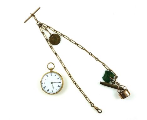 Victorian 18ct gold open face pocket watch with a circular white enamelled dial and black Roman numerals, enclosing a key-win